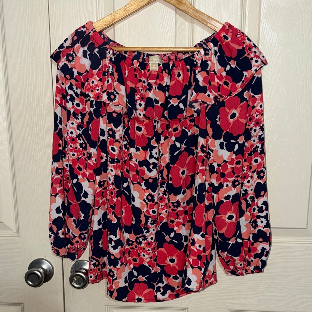 Michael Kors Coral and Navy Floral Top